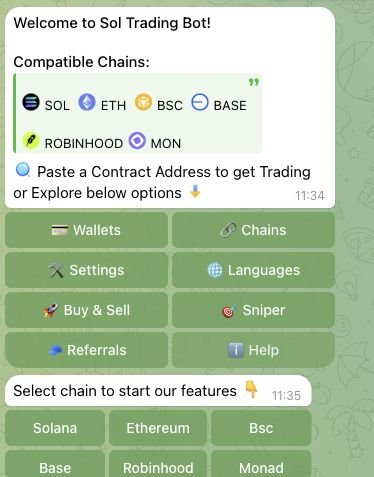 SolTradingBot Telegram selector showing six supported networks